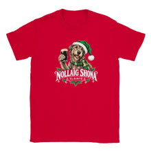 Load image into Gallery viewer, A red short-sleeve crewneck t-shirt featuring a festive graphic of a dog wearing a Santa hat and scarf while holding a pint of stout, with the text 'NOLLAIG SHONA & SLÃnte' printed below.