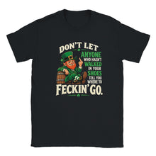 Load image into Gallery viewer, Feckin' Go Irish humour T-shirt featuring a cheeky green leprechaun giving the middle finger with a funny Irish attitude quote.