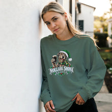 Load image into Gallery viewer, Woman wearing Irish Wolfhound Christmas illustration sweatshirt with Nollaig Shona and Sláinte lettering, green Santa hat, festive scarf, pint of stout and holly decorations.