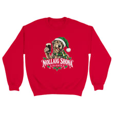 Load image into Gallery viewer, A red crewneck sweatshirt featuring a graphic of a dog wearing a green Santa hat and scarf, holding up a pint of stout, with the text 'NOLLAIG SHONA' and 'SLAINTE' below.