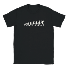 Load image into Gallery viewer, Black Evolution of the Pint T-Shirt featuring cream evolution of man silhouettes ending with a man holding up a pint of beer.