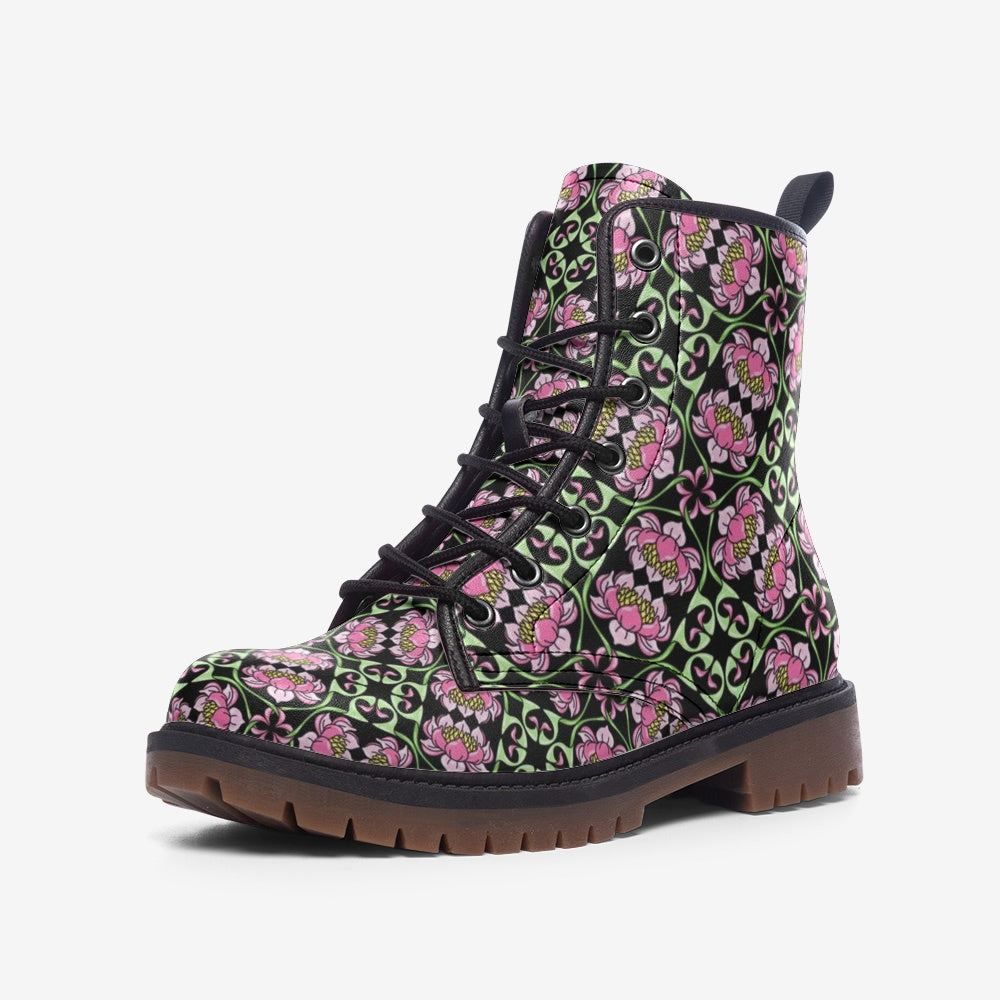 Pink Floral Pattern Vegan Leather Boots