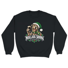 Load image into Gallery viewer, A black crewneck sweatshirt featuring a graphic print of a wirehaired dog wearing a green Santa hat and scarf, holding a pint of stout. Below the dog is the text 'NOLLAIG SHONA' and 'SLÁINTE' with holly accents.
