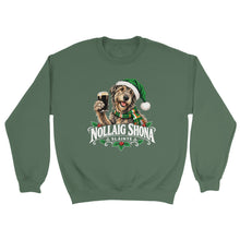 Load image into Gallery viewer, A sage green crewneck sweatshirt featuring a festive graphic of a wirehaired dog wearing a Santa hat and scarf, holding a pint of stout, with the text 'NOLLAIC SHONA SLAINTE' and holly accents.
