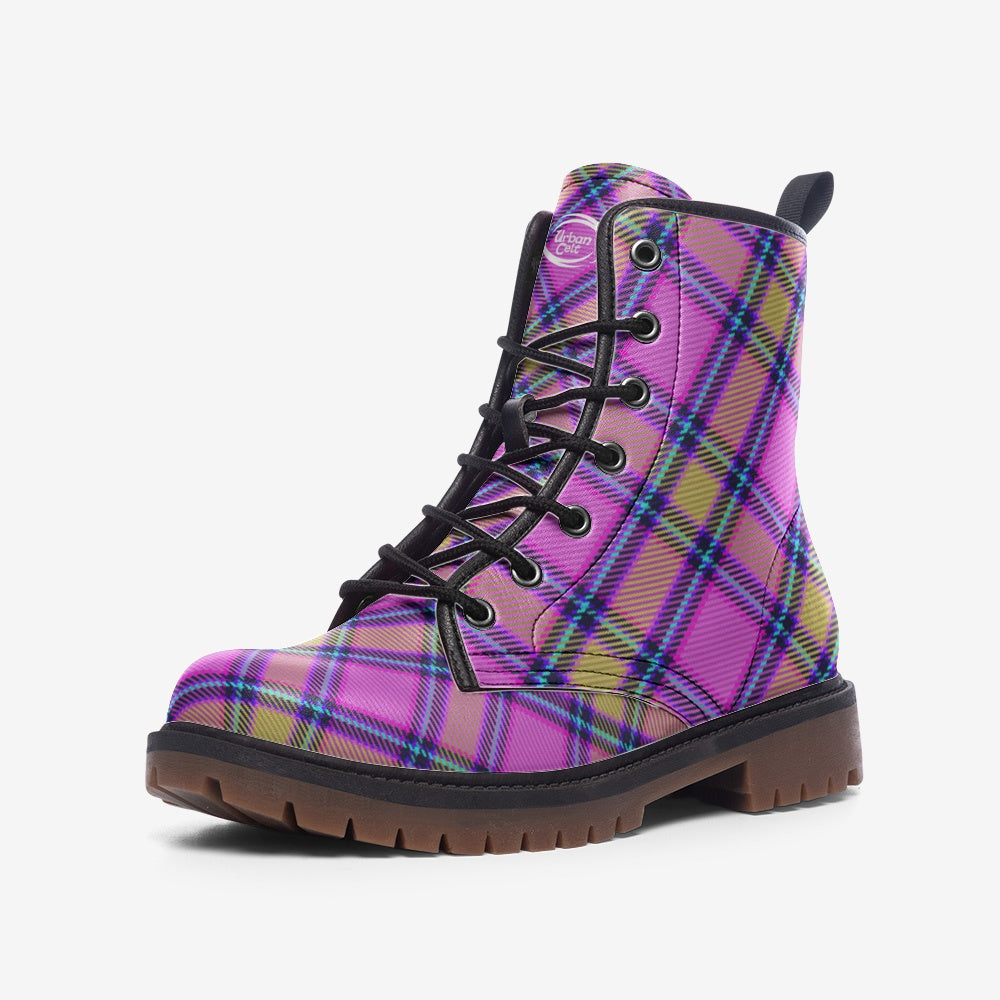 Pink Blue Yellow Tartan Combat Boots