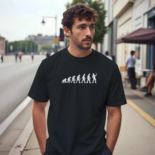 Load image into Gallery viewer, Man wearing an Evolution of the Pint T-Shirt with a funny beer-themed silhouette design.
