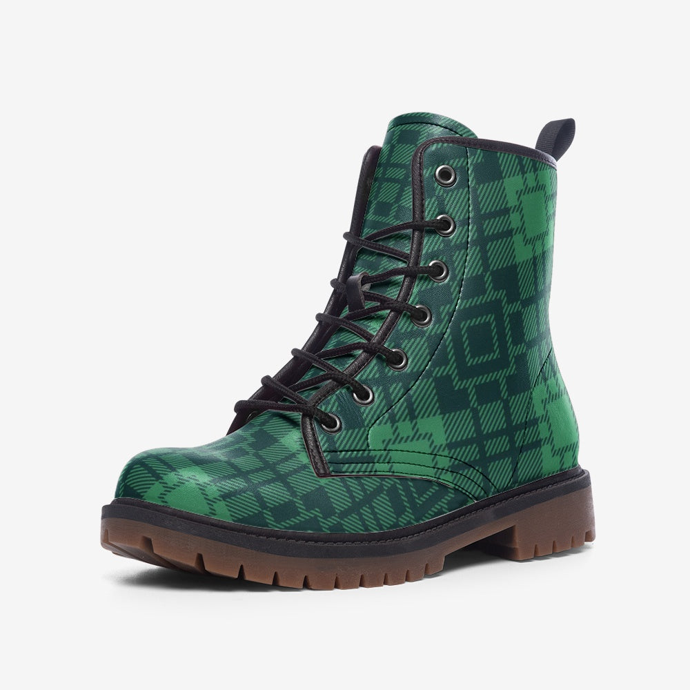 Green Tartan Style Vegan Leather Boots